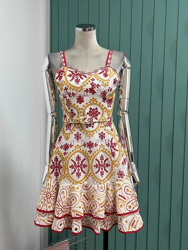 Floral sundress on mannequin showcasing vibrant red and yellow pattern for summer fashion