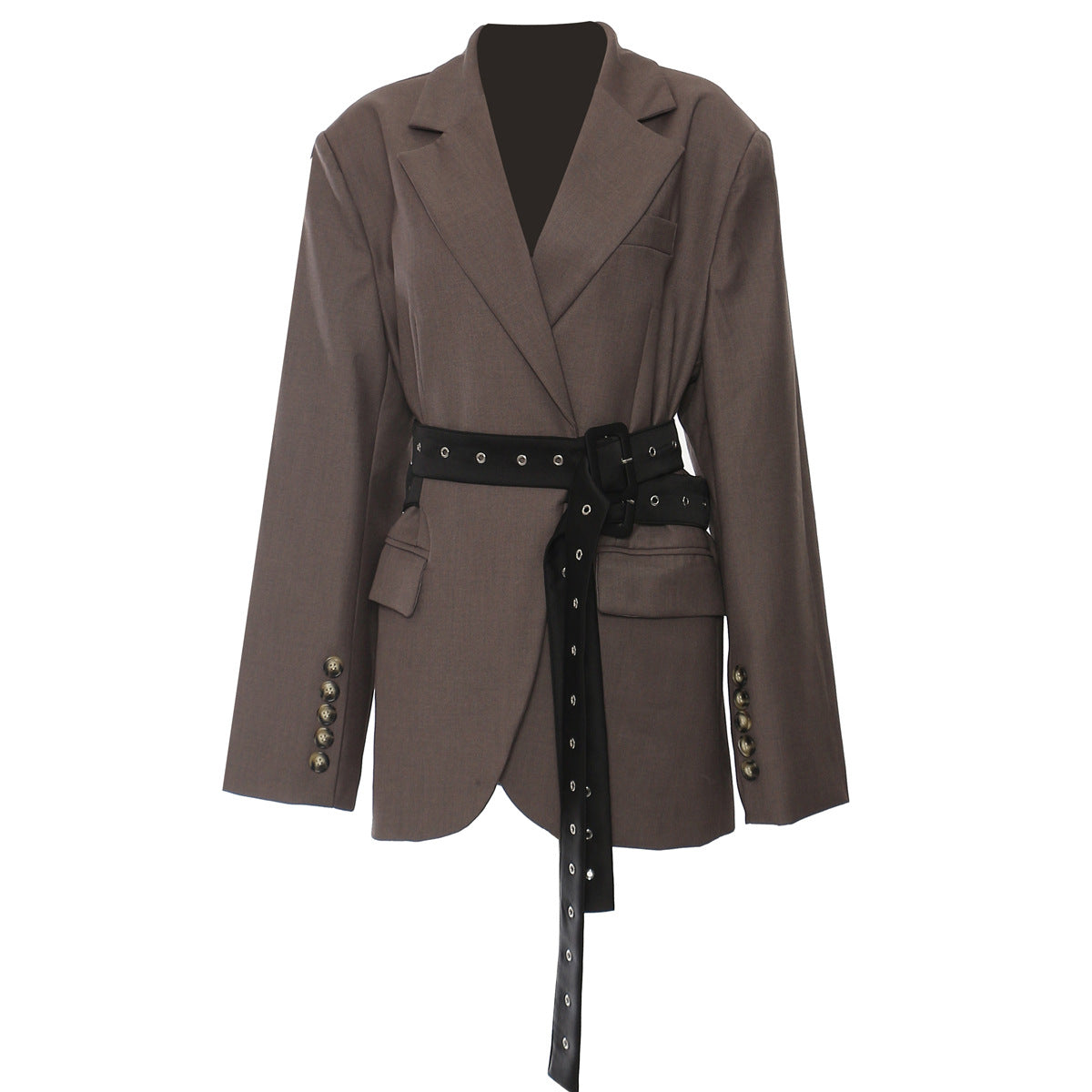 Brown blazer with black belt from the Langry Double Belt Deconstruction Blazer Tops collection