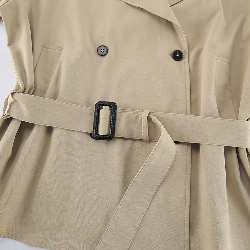 Elegant beige trench coat with black buttons and belt buckle in Langry fashion