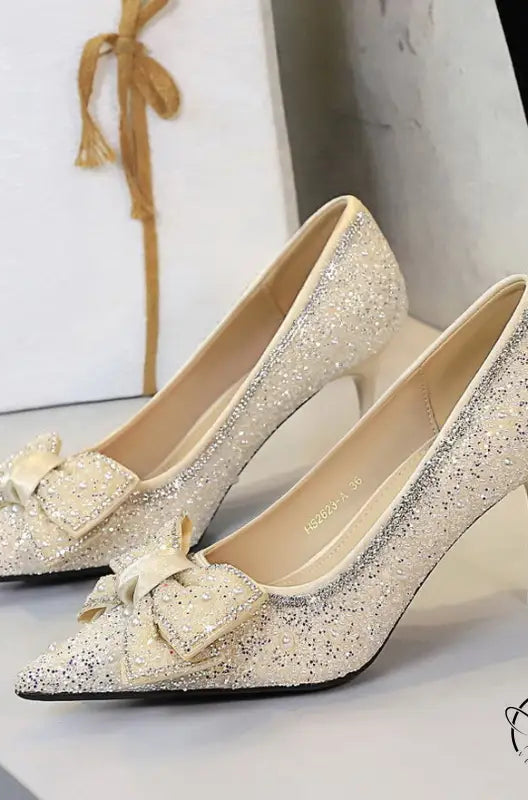 Elegant langry fashion gold glitter stiletto pumps with bowknot rhinestone detail
