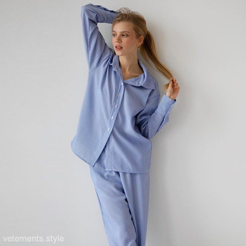 Blue and white striped winter pajamas from French Comfy Pajamas collection