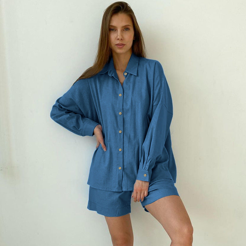 Blue button-down shirt and shorts set from Casual Winter Pajamas, perfect for trendy langry fashion and ملابس casual wear