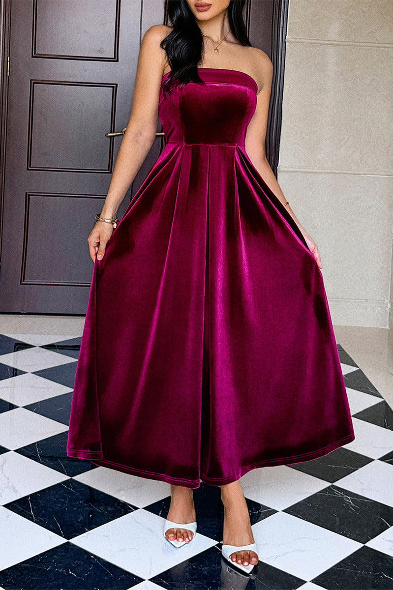 Elegant langry fashion burgundy velvet strapless tube top maxi dress with high-low hem and satin slip