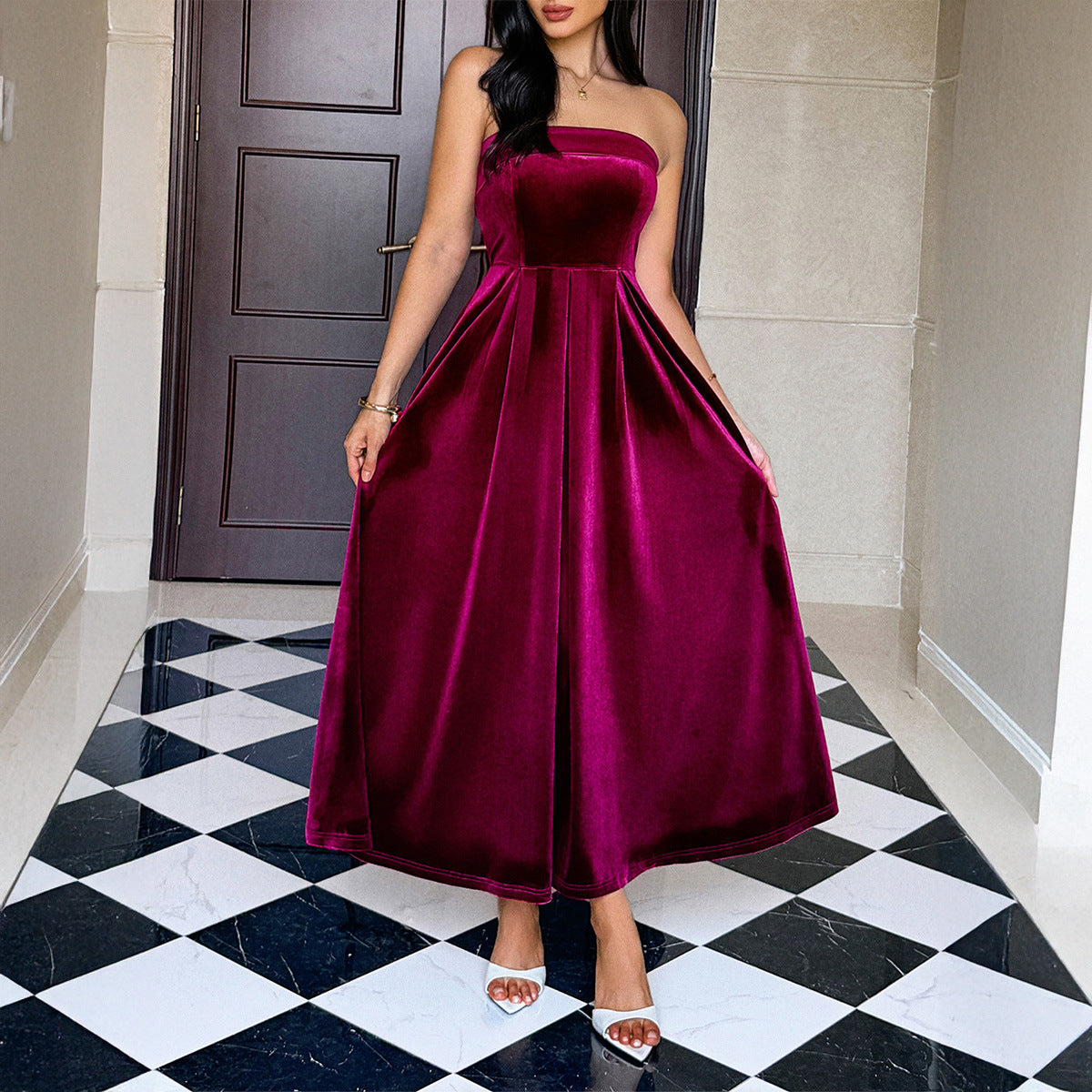 Elegant Langry burgundy velvet tube top maxi dress with high-low hem