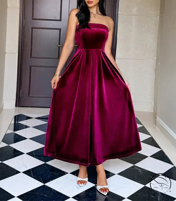 Burgundy velvet strapless langry fashion dress with high-low hemline