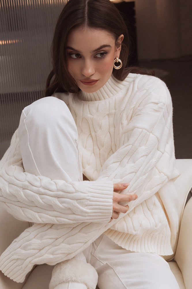 Langry fashion white cable knit sweater with high neckline