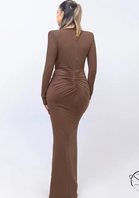 Beautiful slit slim fitting brown long-sleeved maxi dress