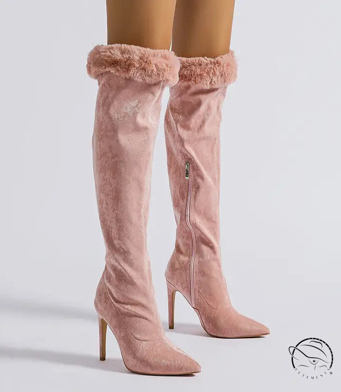 Pink heel high leg boot with fur-trimmed stiletto thighs