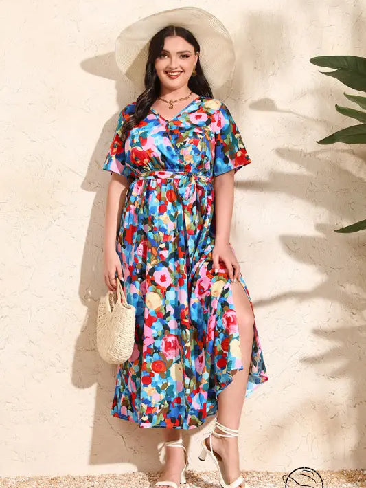 Plus-size woman in colorful rose holiday dress, V-neck chiffon
