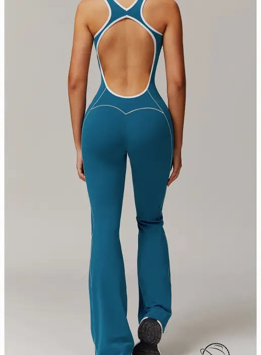 Teal open-back langry yoga jumpsuit with hip lifting pleated design