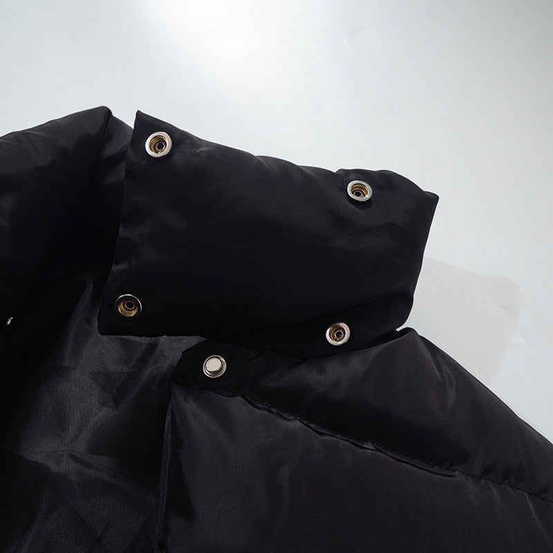 Black puffer jacket collar with metal snaps for winter half turtleneck slim fit coat