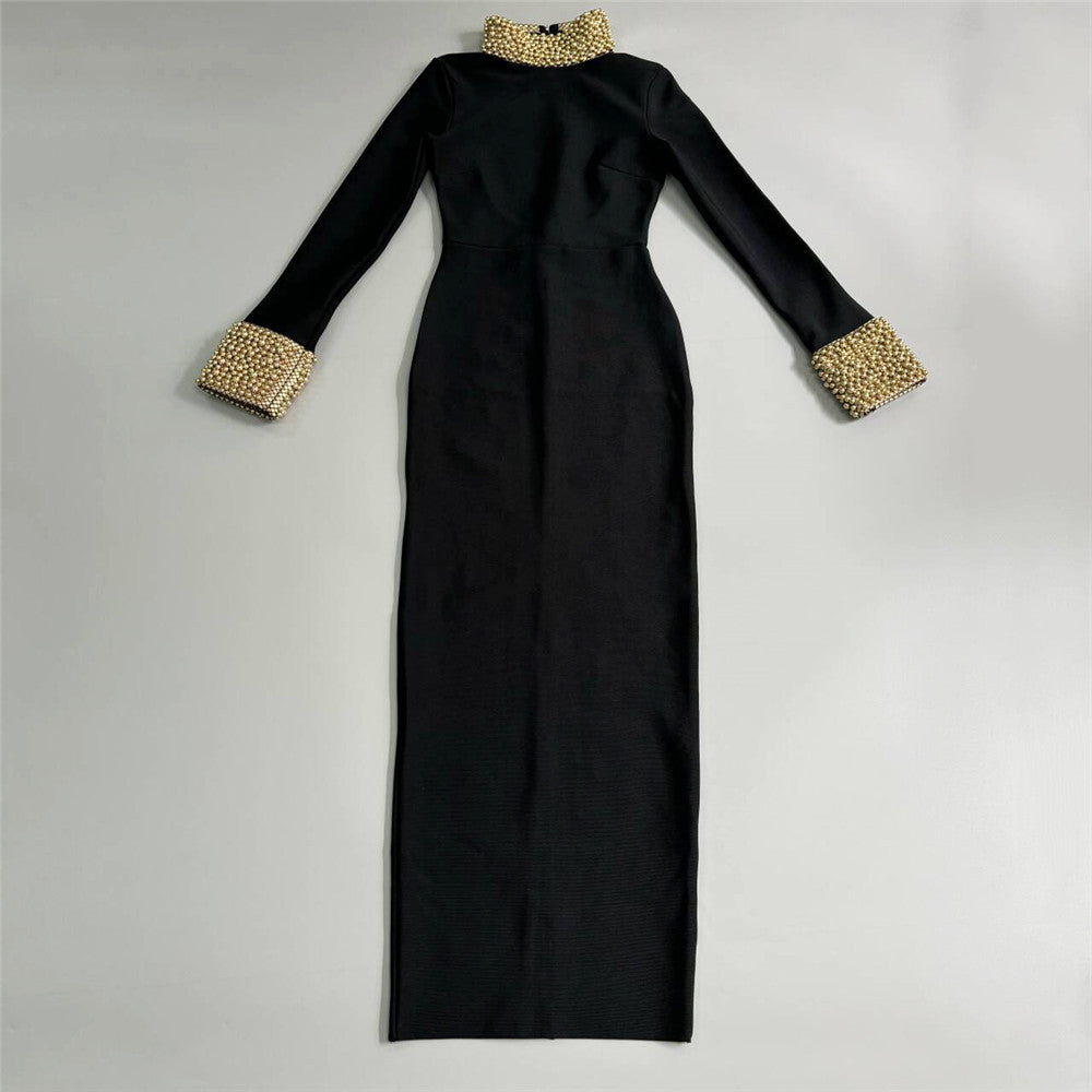 Elegant Black Long-Sleeved Fashion Dress with Beaded Collar and Cuffs for ملابس Style