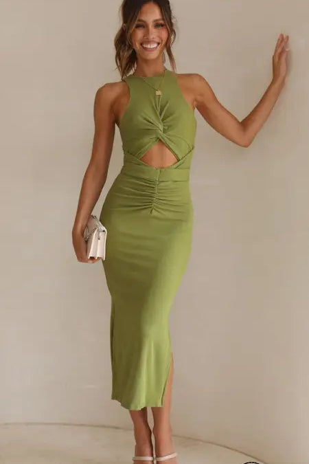 Stunning slim fit green langry fashion slit dress