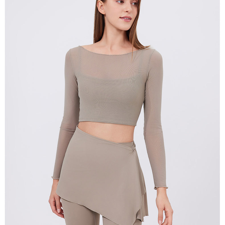 Faux Two Piece Mesh Sports t Shirt Women Long Sleeve with Chest Pad Yoga Clothes Cropped Top Quick Drying Slimming