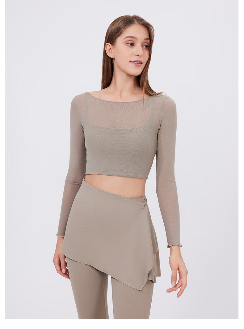 Faux Two Piece Mesh Sports t Shirt Women Long Sleeve with Chest Pad Yoga Clothes Cropped Top Quick Drying Slimming