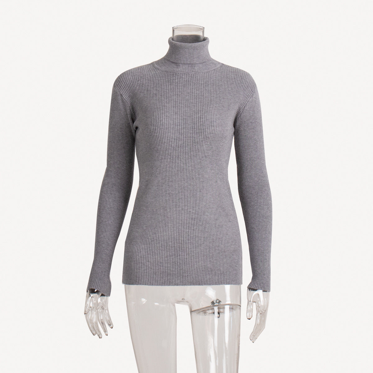Gray ribbed turtleneck sweater in slim fit winter knitting fashion pullover