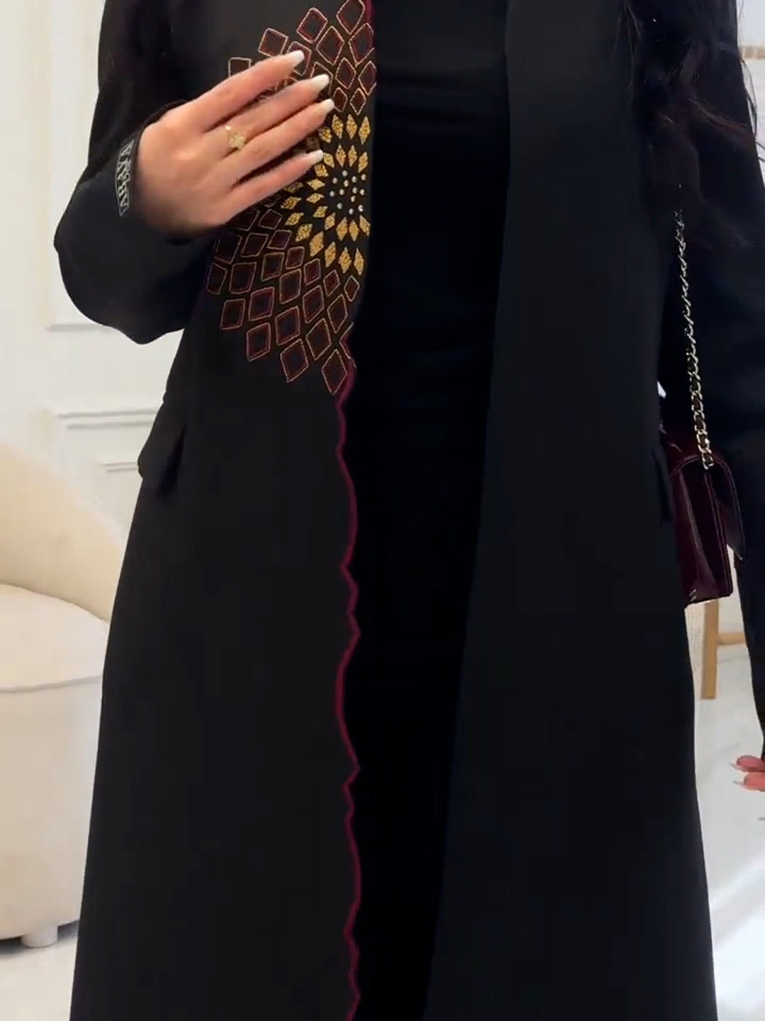 Black abaya trench coat with gold maroon embroidery, langry fashion ملابس