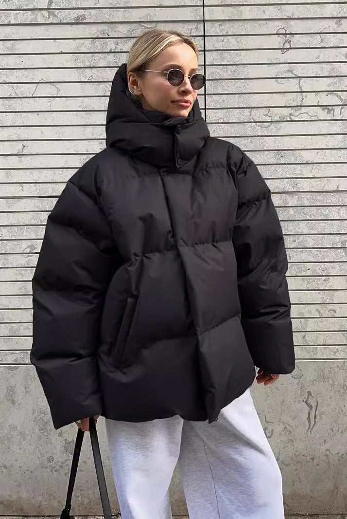 Black puffer jacket from Cotton Coat Jacket, perfect for fashionable winter ملابس