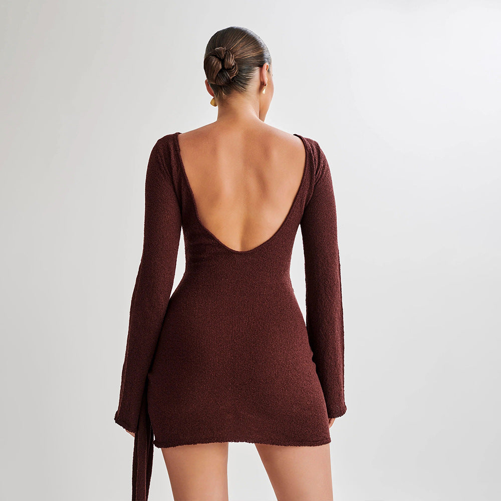 Brown long-sleeved mini dress with open back, stylish ملابس for modern langry fashion