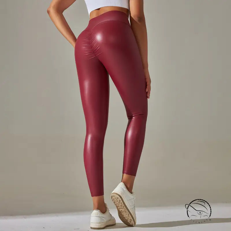 Burgundy faux leather bright leggings in leather-look style
