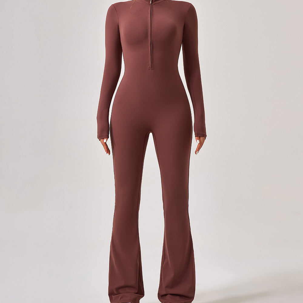 Brown long-sleeved jumpsuit with flared legs for stylish and comfy ملابس fashion