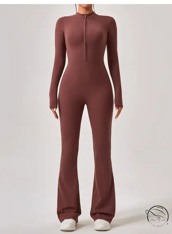 Brown long-sleeved one piece sportswear jumpsuit with flared legs and front zipper