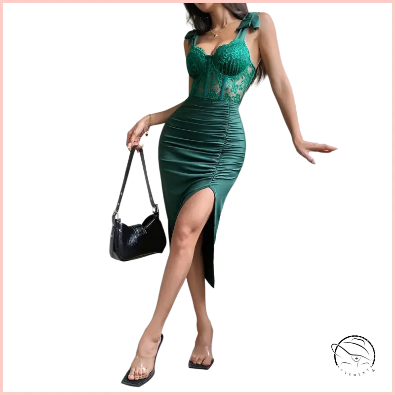 Emerald green lace bodice satin skirt midi dress with high slit, fashionable elegant sheath fashion