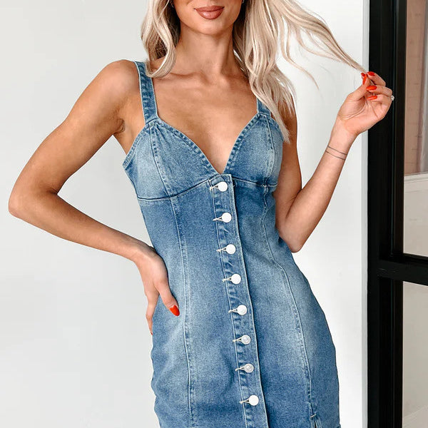 Stunning Retro Denim Dress features a chic denim button-down mini dress for fashionable wear