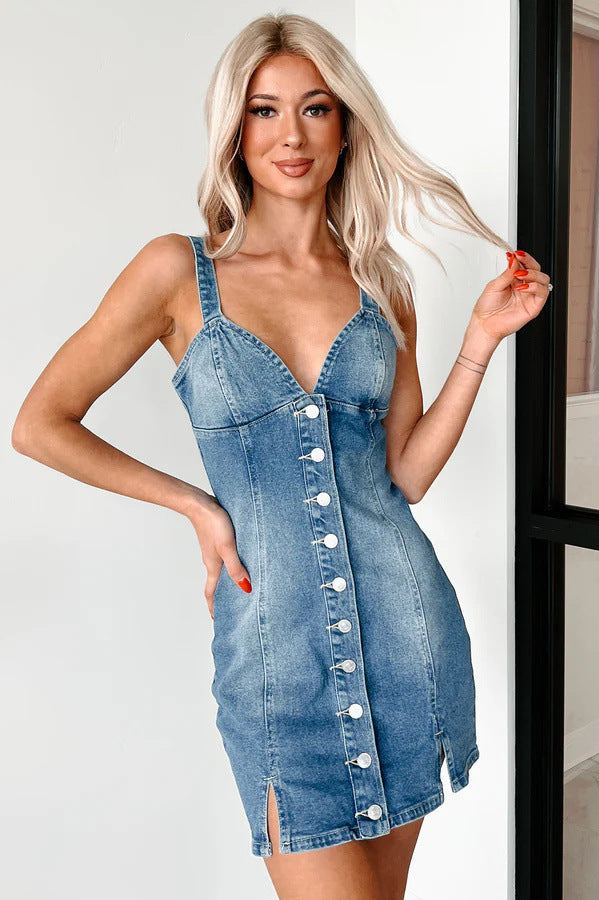 Stunning Retro Denim Dress features a chic denim button-down mini dress for fashionable wear