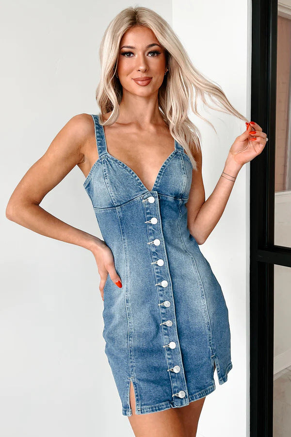 Stunning Retro Denim Dress features a chic denim button-down mini dress for fashionable wear