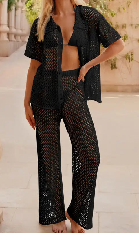 Black crochet beach loose shirt and wide-leg pants set