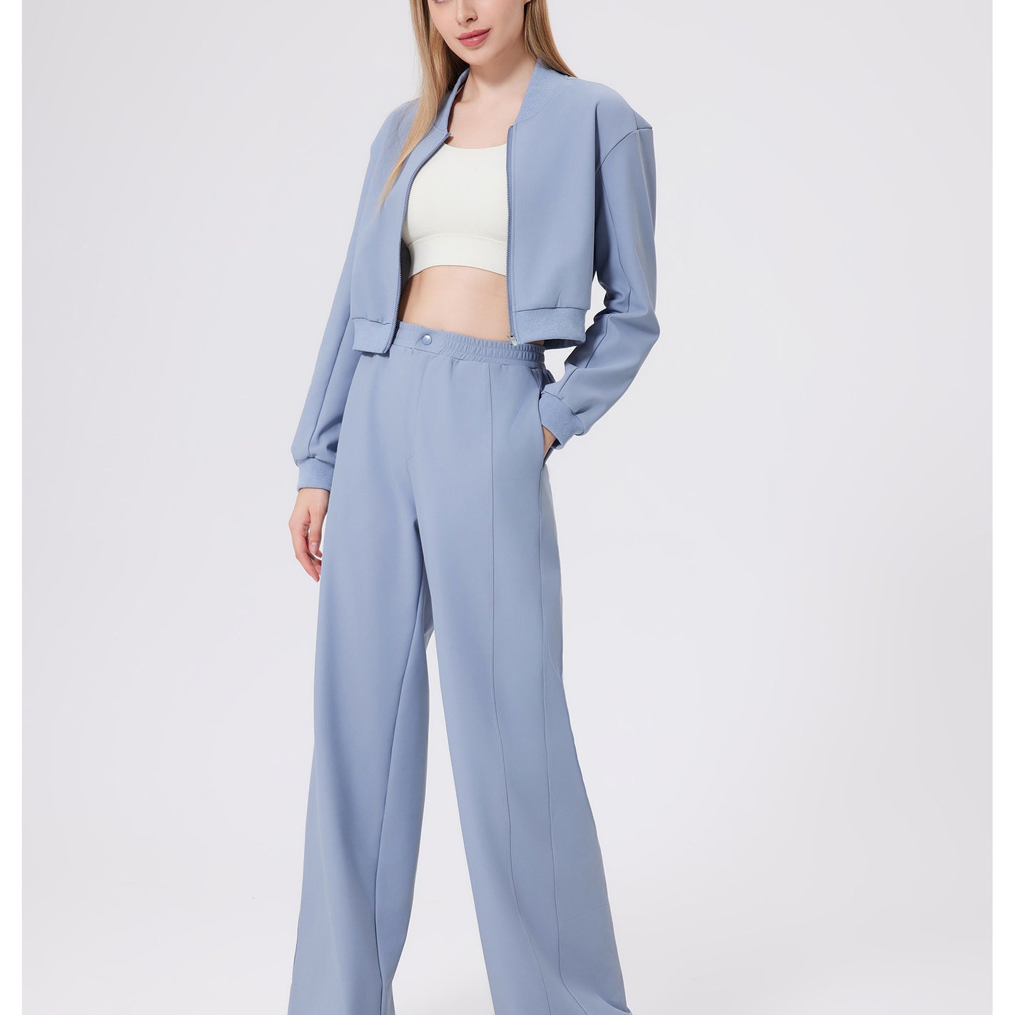 Light blue loose fitness warm pants with cropped blazer and white top