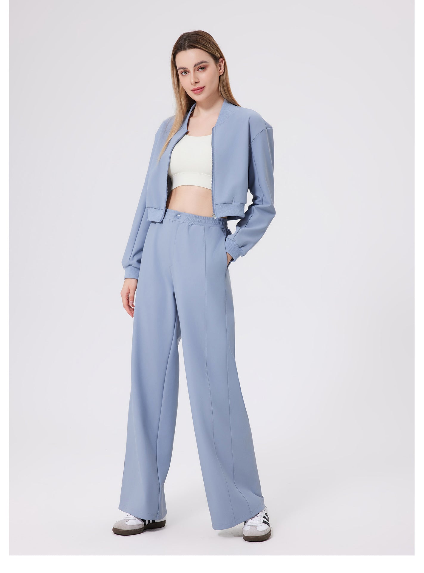 Light blue loose fitness warm pants with cropped blazer and white top