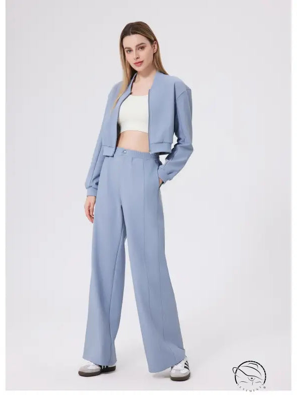 Light blue loose fitness warm pants with cropped blazer and white top