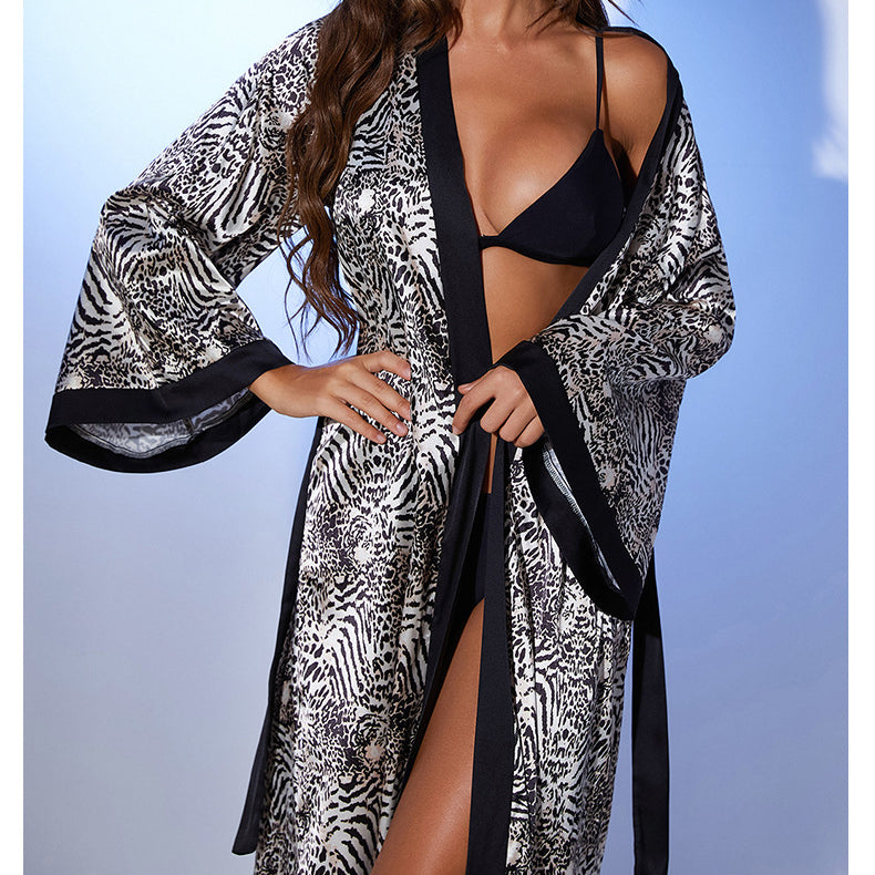 Langry zebra print satin nightgown robe with black trim