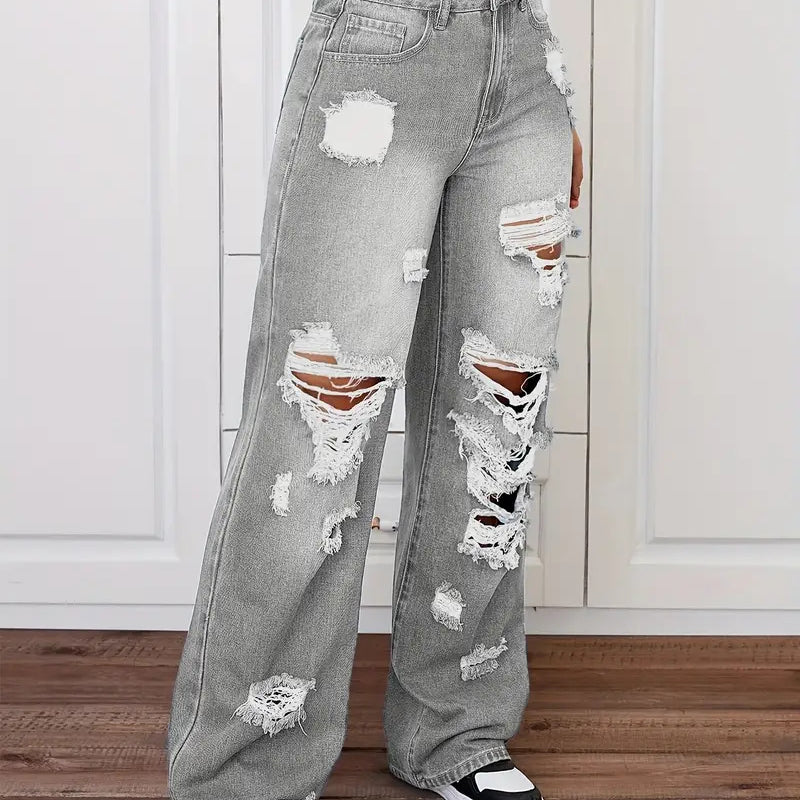 Distressed light gray Langry fashion jeans with black and white sneakers
