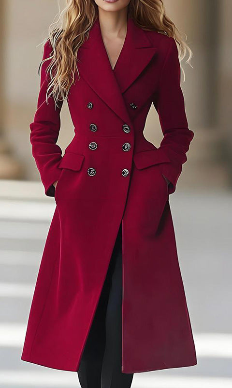 Red double breasted long wool coat for autumn winter fashion