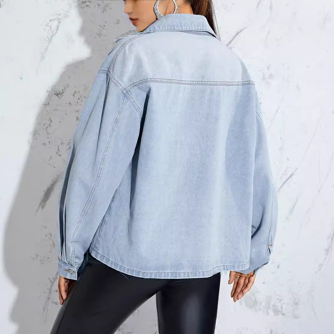 Light wash denim coat with long sleeves, stylish and versatile fashion piece
