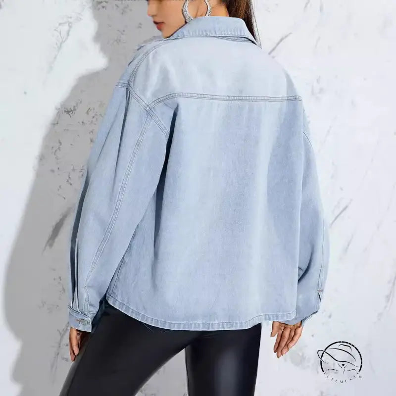 Fashionable light wash denim coat with long sleeves