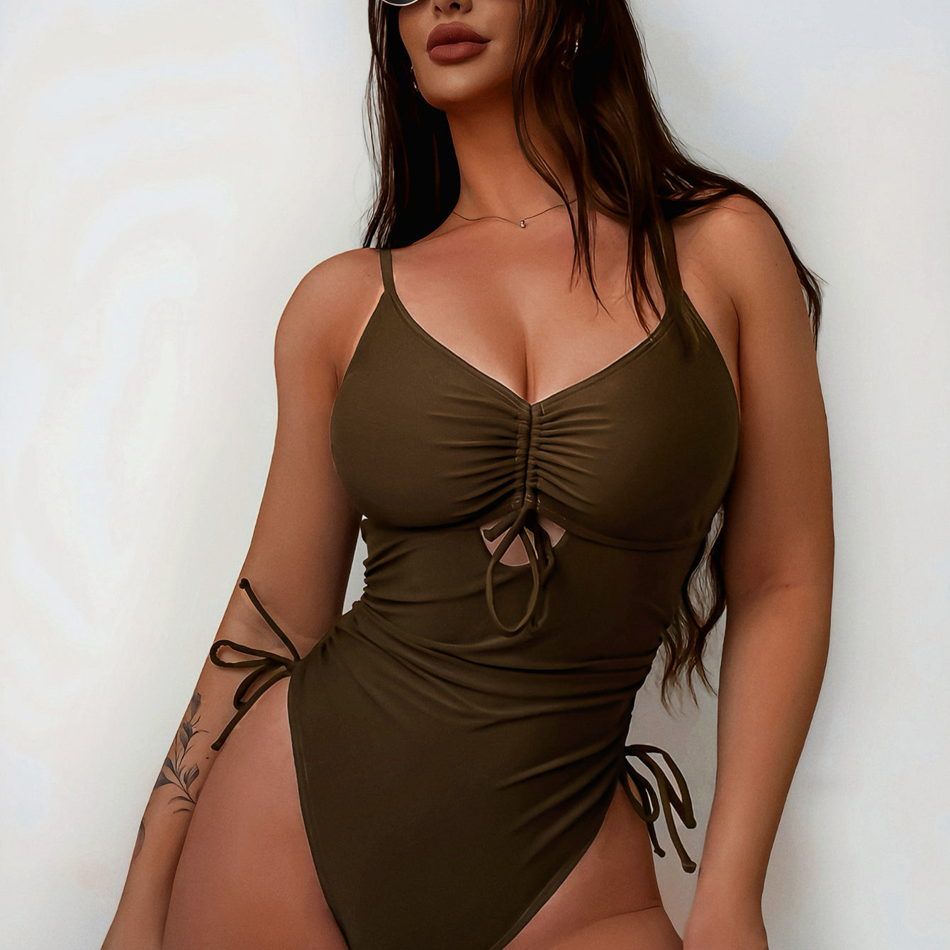 Brown Cutout Strap One Piece Swimsuit featuring ruched front detail in fashion ملابس