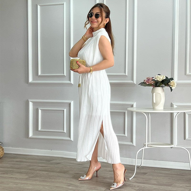 Elegant white pleated midi dress for fashion and ملابس enthusiasts featuring waist-controlled design