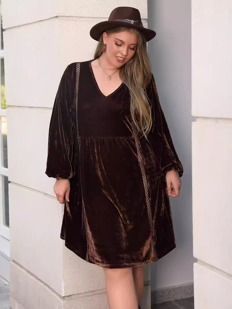 Dark brown velvet loose slimming casual mini dress with V-neck and voluminous sleeves