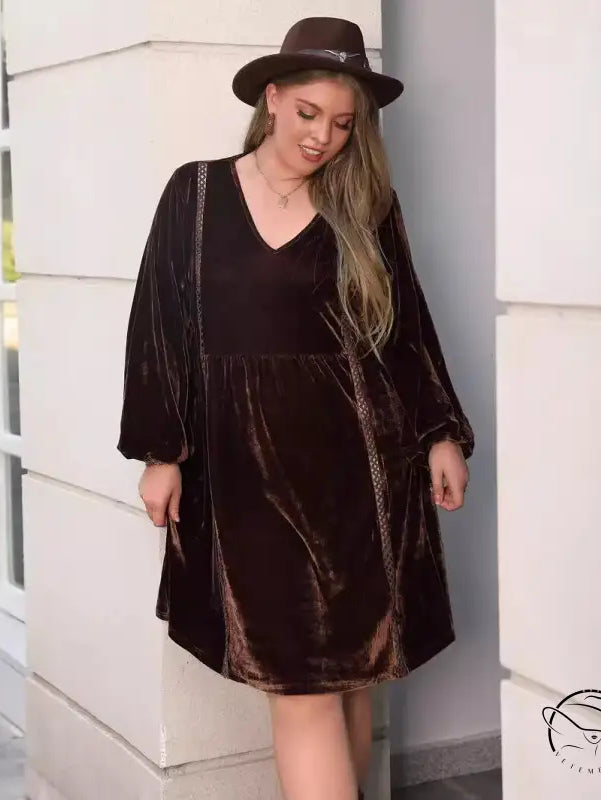 Dark brown velvet loose slimming casual dress with V-neck and voluminous sleeves