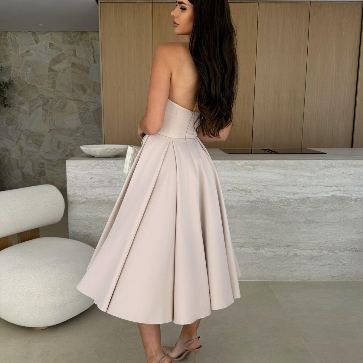 Strapless beige dress from Gorgeous Midi Dress collection in elegant fashion for ملابس