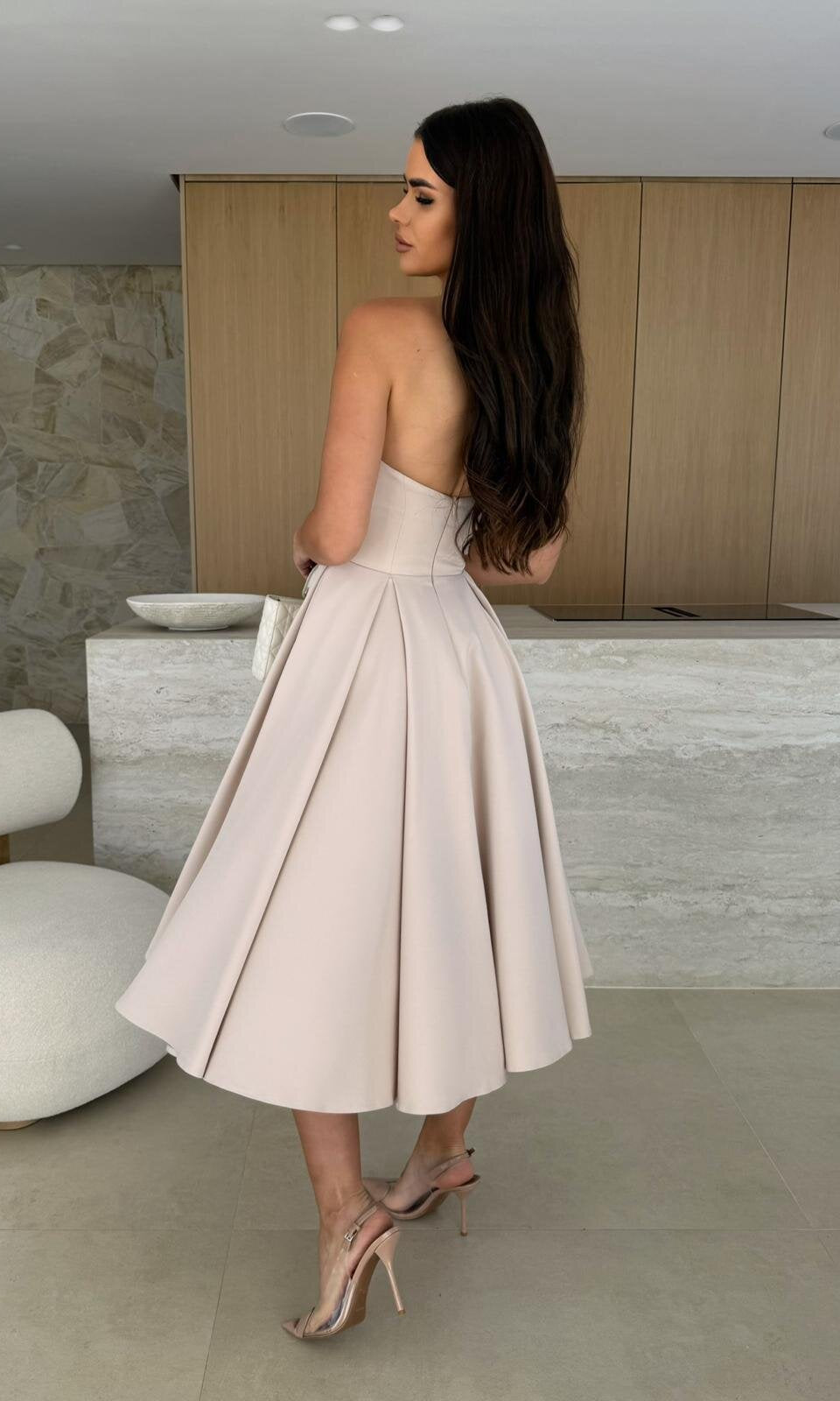 Strapless beige dress from Gorgeous Midi Dress collection in elegant fashion for ملابس