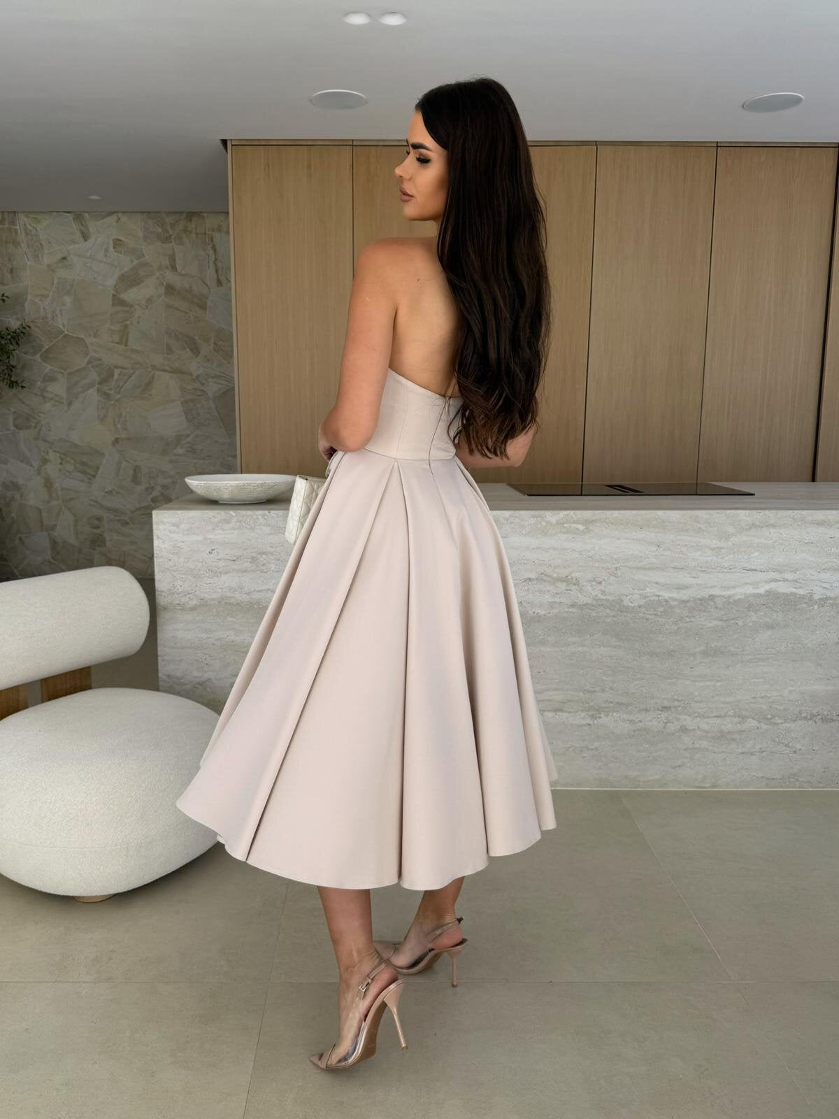 Strapless beige dress from Gorgeous Midi Dress collection in elegant fashion for ملابس