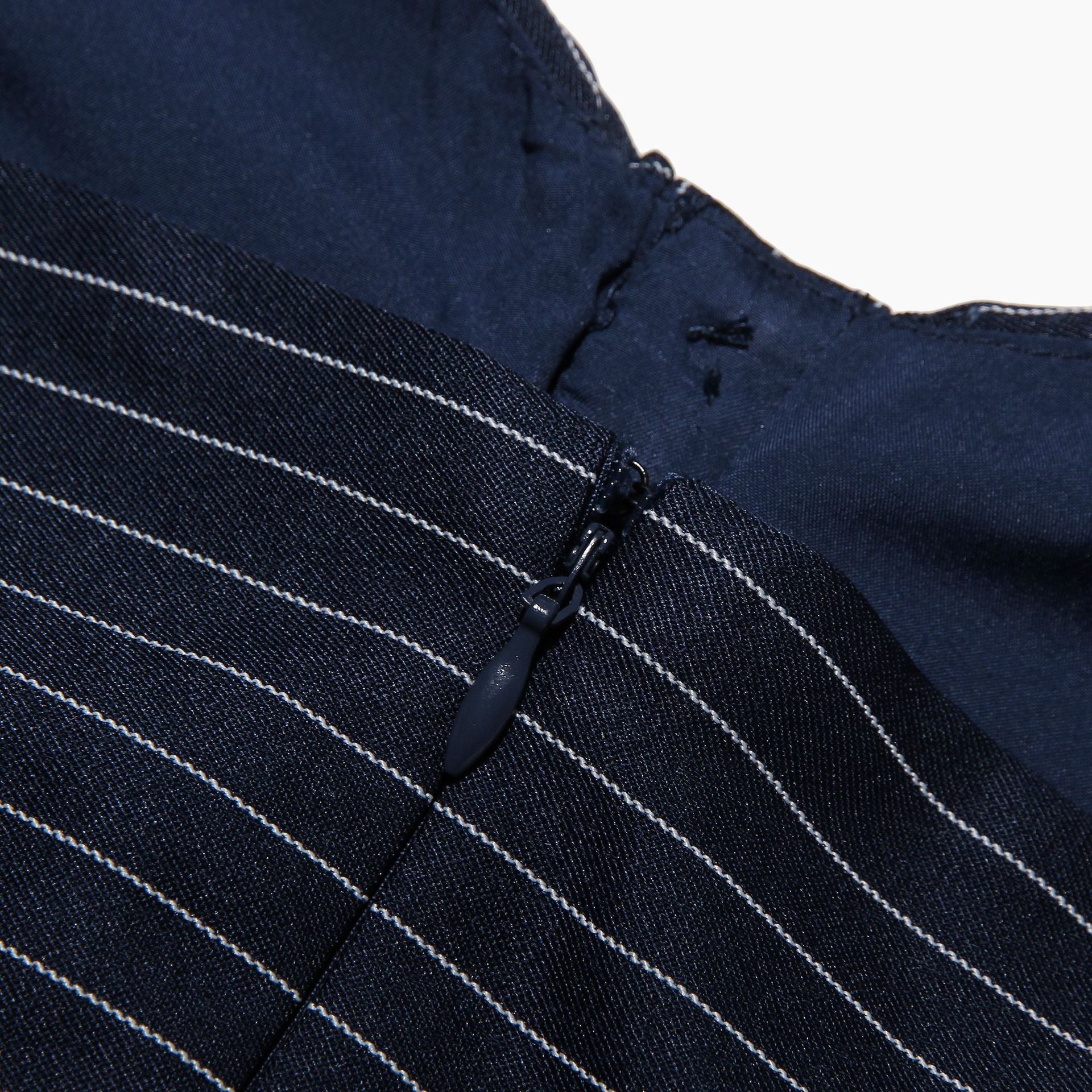 Navy blue pinstriped fabric with zipper detail for Gorgeous Striped Halter Dress fashion ملابس