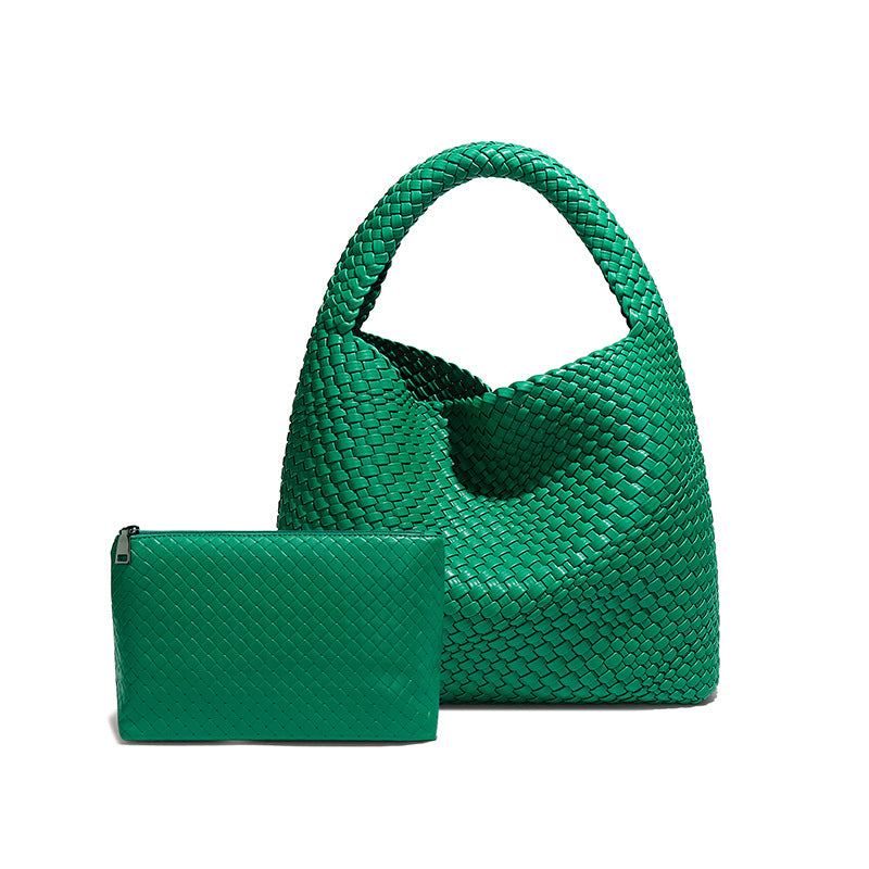Green woven handbag with matching pouch, perfect for fashion enthusiasts and ملابس styling