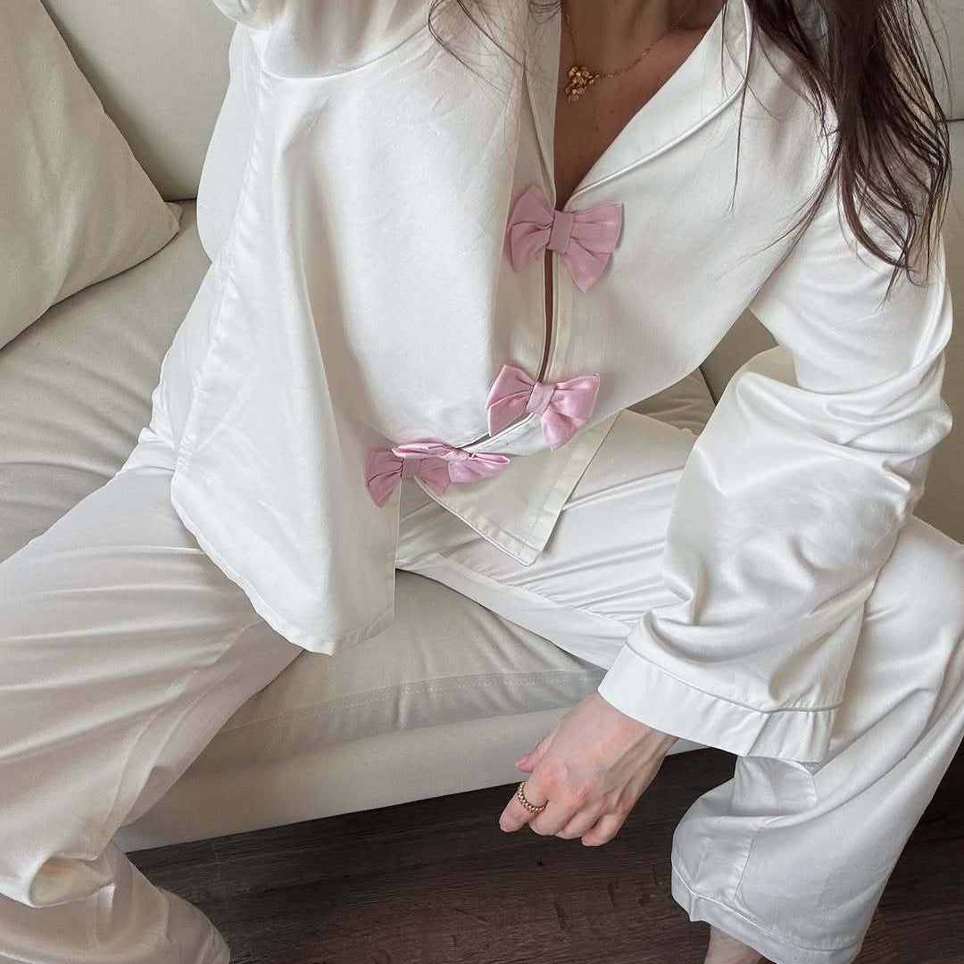 Elegant white satin langry pajamas with pink bow details