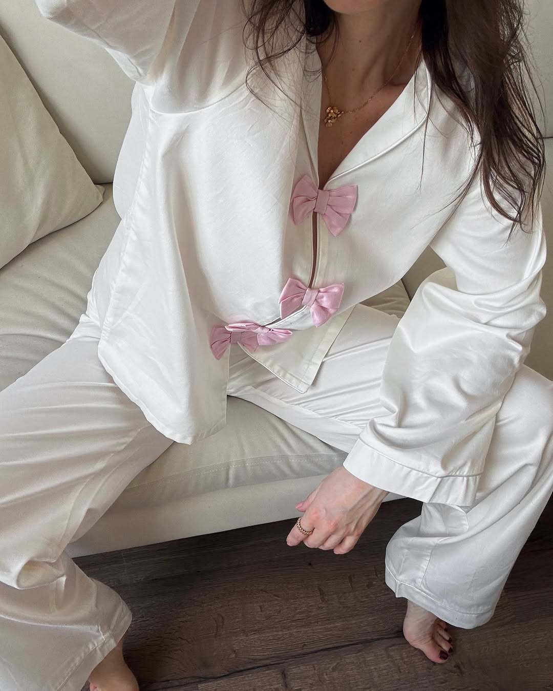 Elegant white satin langry pajamas with pink bow details
